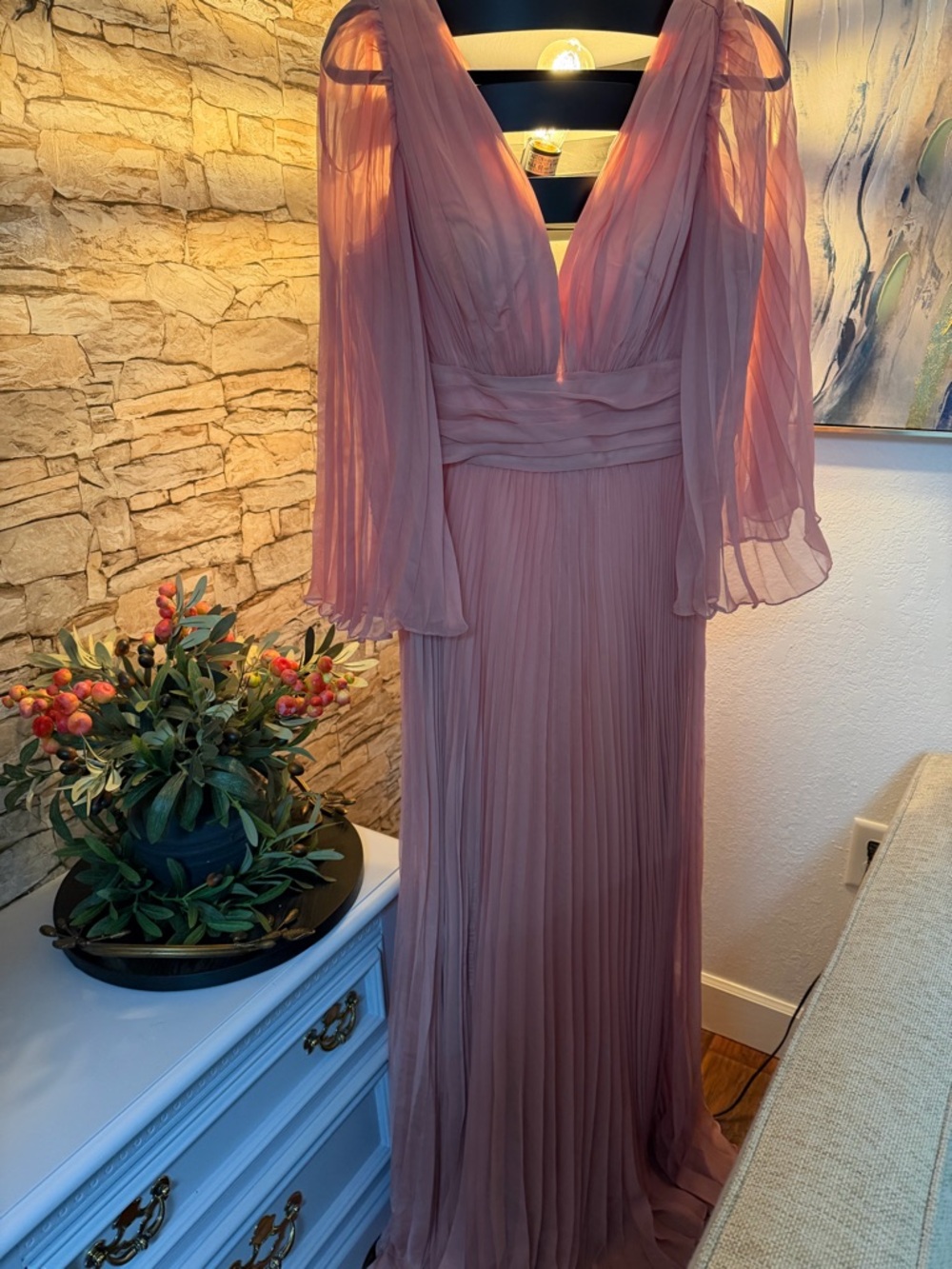 Cinderella Dusty Rose Chiffon Maxi Dress with V-Neck